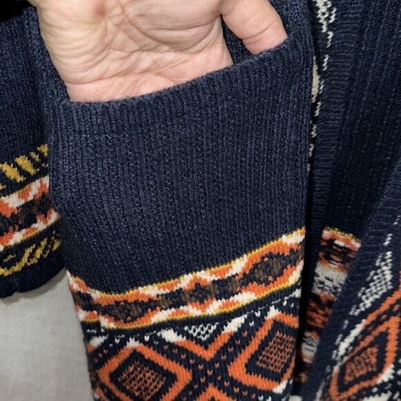 Lucky Brand Navy Orange White Gold Aztec Ribbed Knit Open Front Pocket Cardigan - Picture 6 of 12